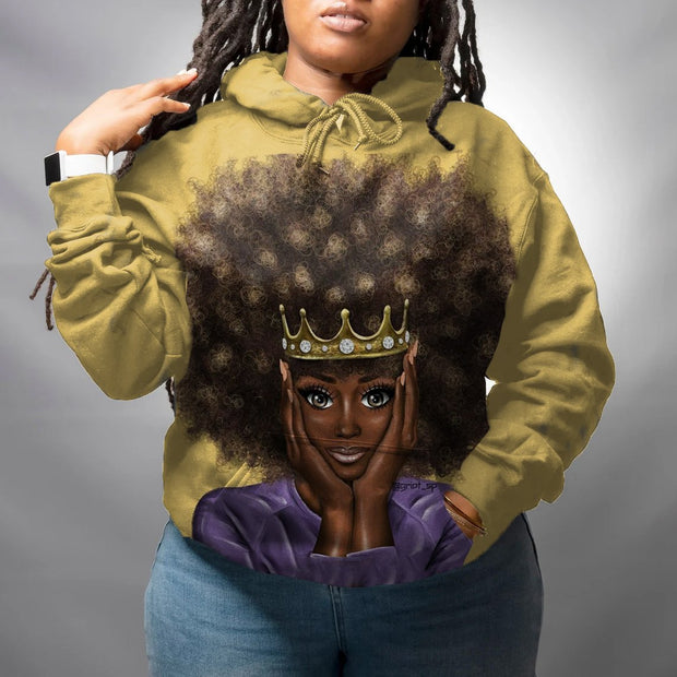 Women's Plus Size Crown Afro Girl Long Sleeve Hoodie