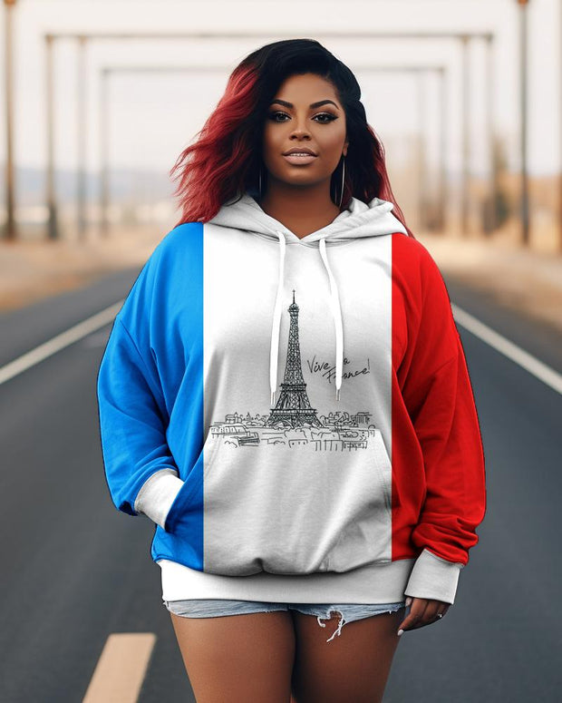 Women's Plus Size Red White and Blue Eiffel Tower Long Sleeve Hoodie