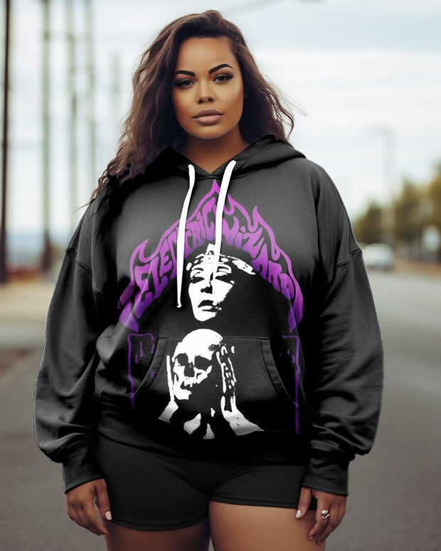 Women's Plus Size Witch Flame Skull Long Sleeve Hoodie