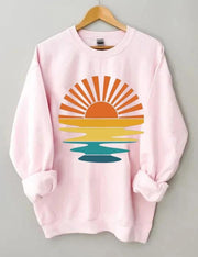 Women's Plus Size Retro Sunset Rays Wavy Sweatshirt